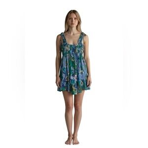 Free People Blue & Green Floral Tie-Shoulder Mini Dress